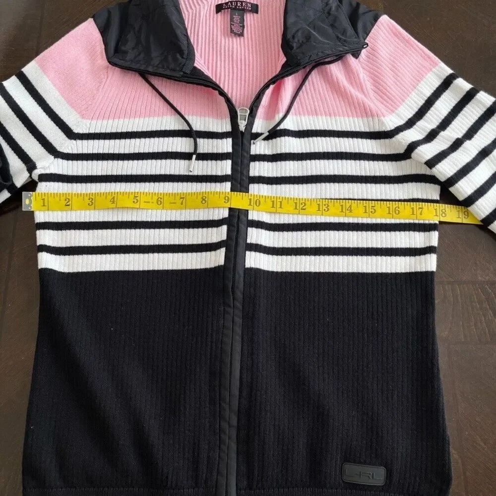 Lauren Ralph Lauren Zip Up Sweater Jacket Sz L Pink Black White Striped Cotton